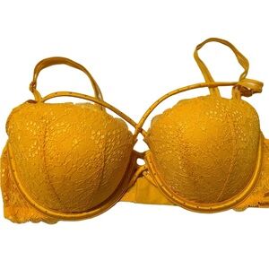 PINK golden yellow lace push up bra with front straps above cups 34C